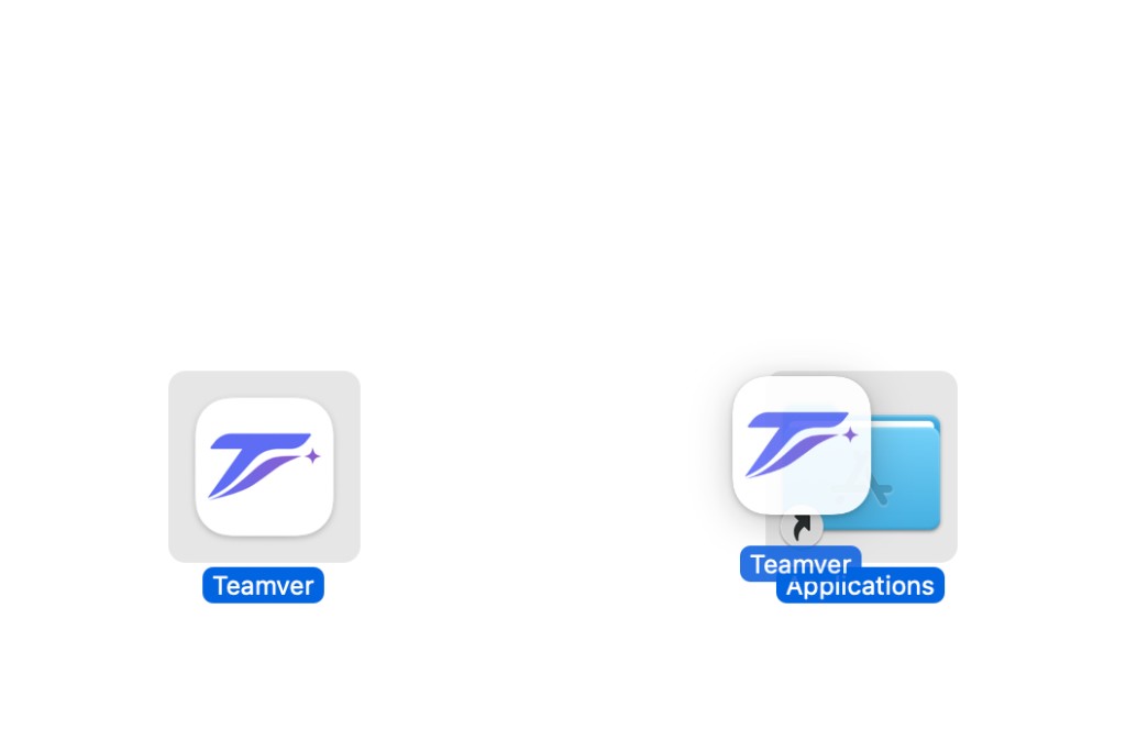 Mac 설치 창 예시. Teamver 앱 아이콘을 Applications 폴더로 드래그해 설치를 완료하는 방법을 보여줍니다.