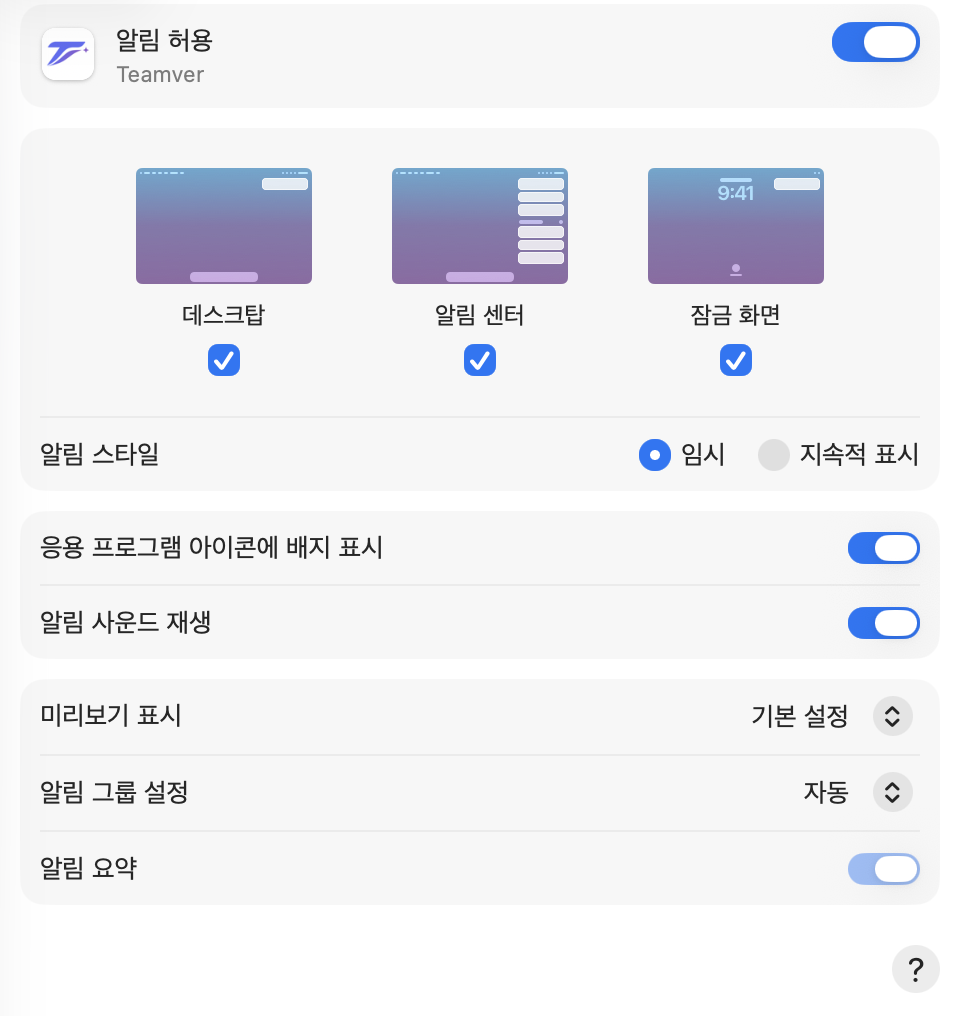Mac 시스템 설정의 Teamver 알림 허용 화면.
